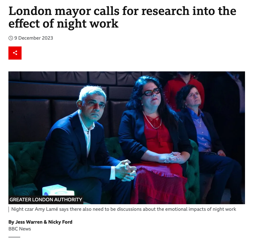 A screengrab of a newspaper article shows London Mayor Sadiq Khan and London Night Czar Amy Lame sitting and looking in the same direction. The headline reads: ‘London mayor calls for research into the effect of night work’