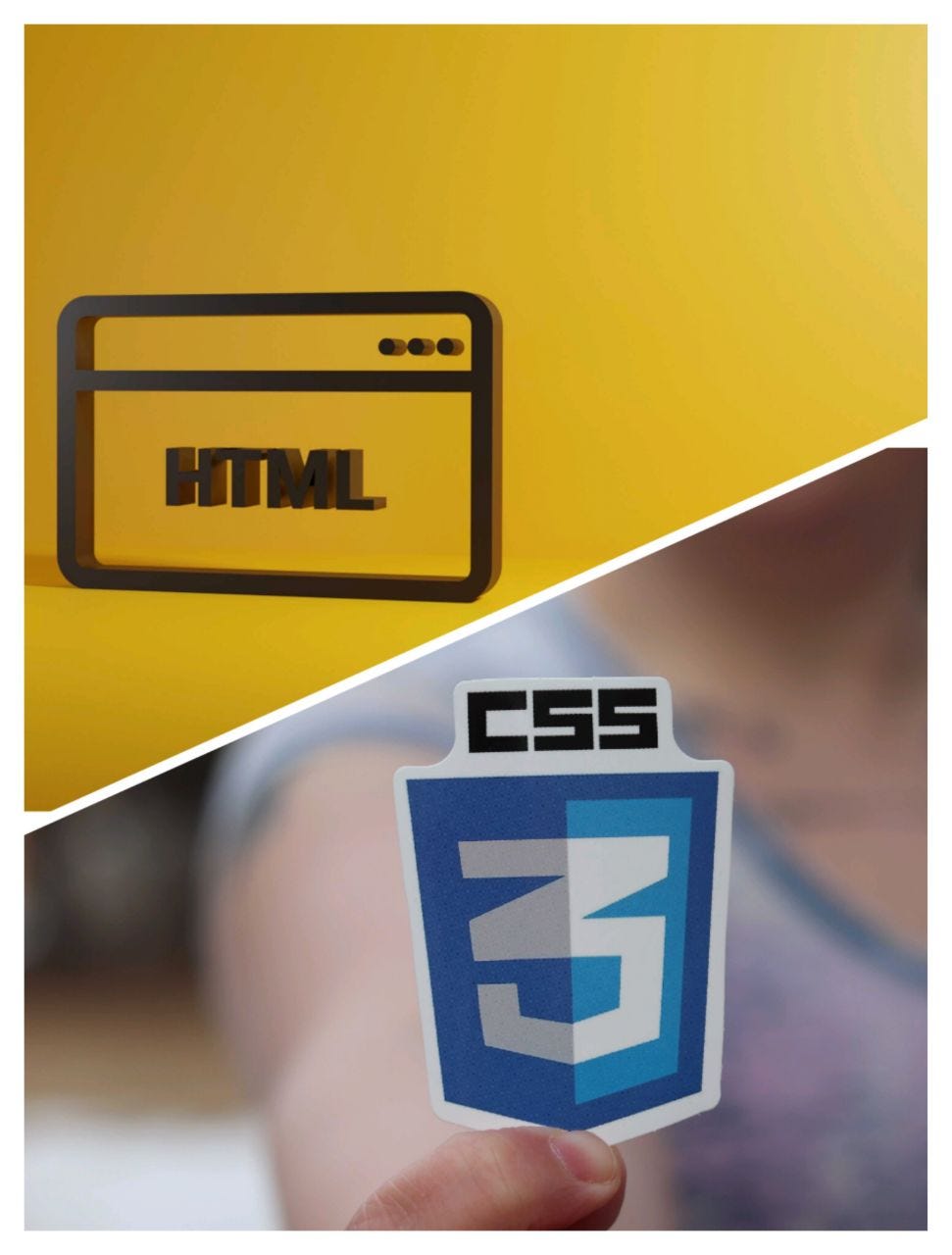 HTML and CSS Logo design in a college collage image with HTML to the top and CSS at the bottom.