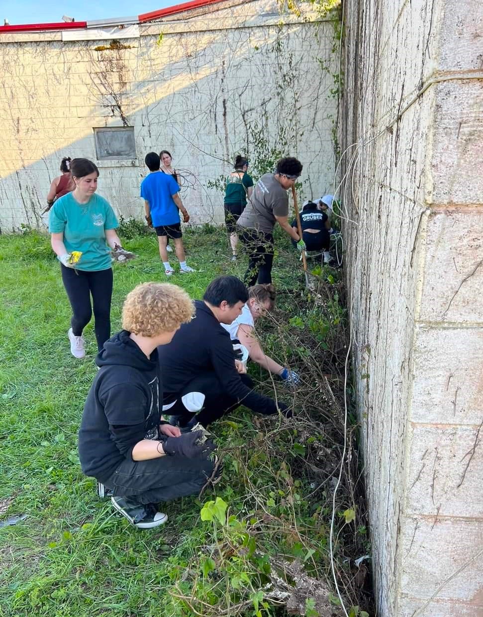 A group of nine students are doing yard work and weeding in a park.