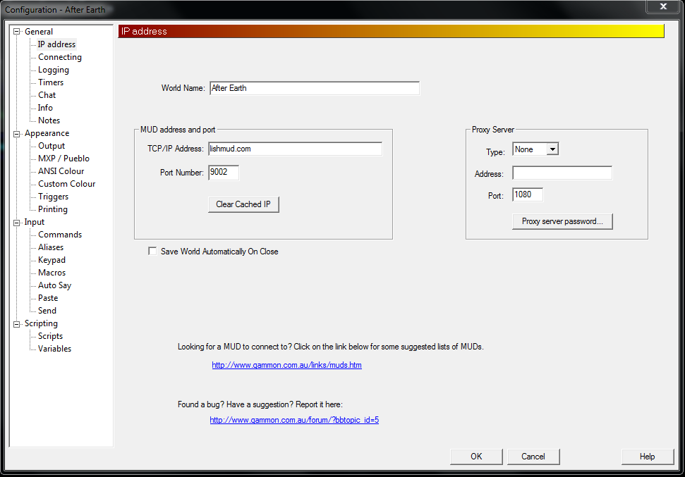 The MUSHClient World Configuration screen. Featuring fields for Name, TCP/IP Address and Port Number.