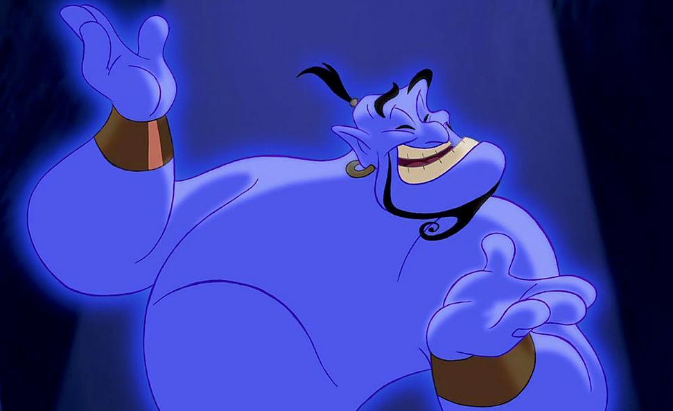 The blue genie grinning widely from ear to ear.