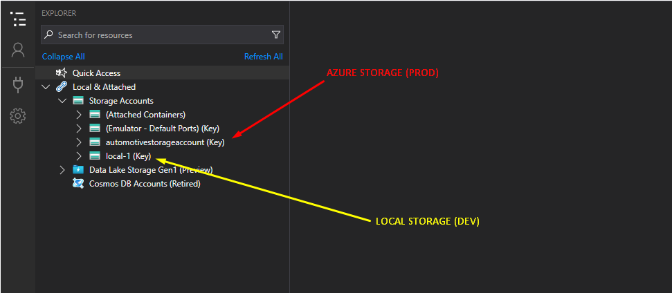 Dev & Prod — Azure Storage Explorer