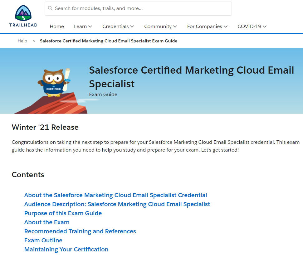 Screenshot of the Salesforce Marketing Cloud Email Specialist Exam Guide.