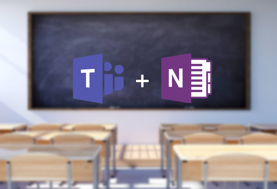 Microsoft Teams and Note logos in a classroom setting