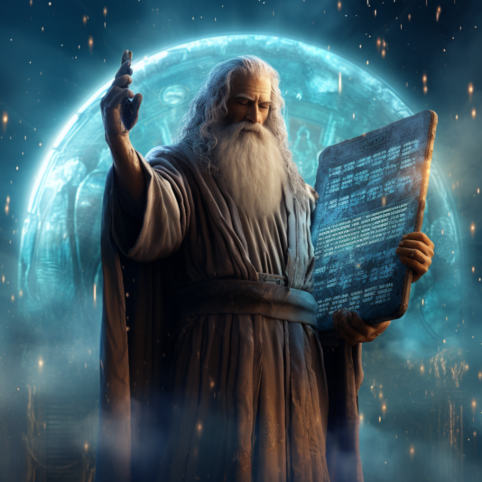 A futuristic Moses holding a digital version of the 10 Commandments for AI machines as imagined by Midjourney’s AI