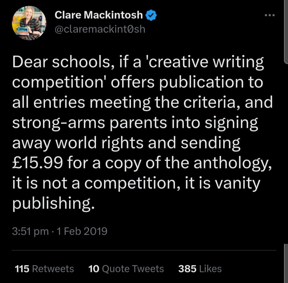 Screenshot of a Twitter tweet by Clare Mackintosh to schools about the difference between a ‘creative writing competition’ and vanity publishing.