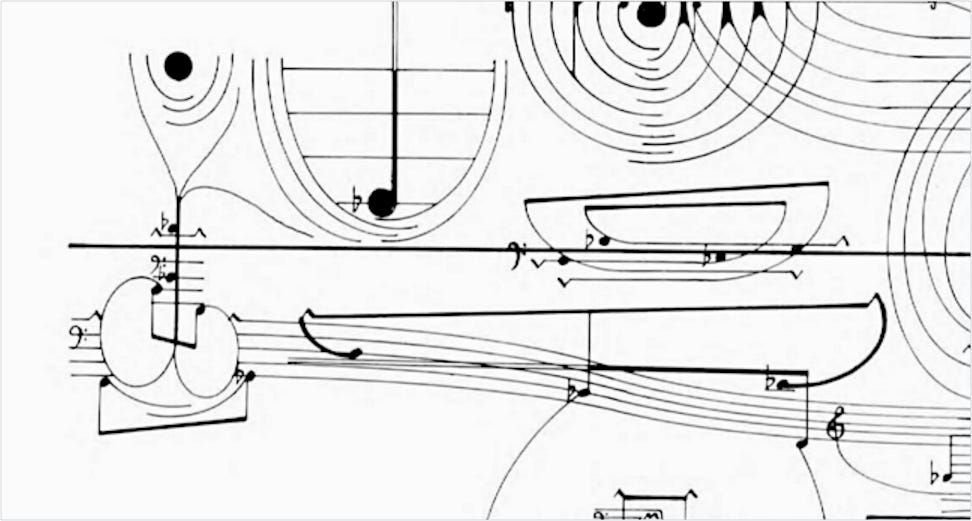 A mix of not quiet traditional looking notation and symbols