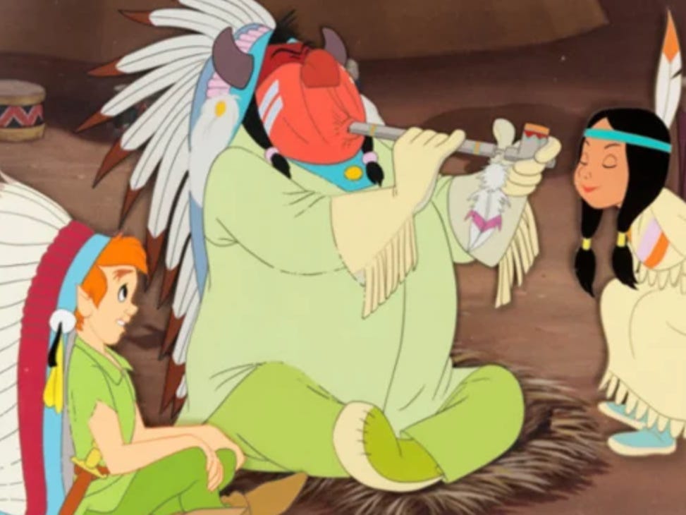 Peter Pan, a flute player, and Pocahontas.