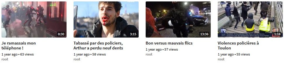 Screenshot showing videos of police brutality in France