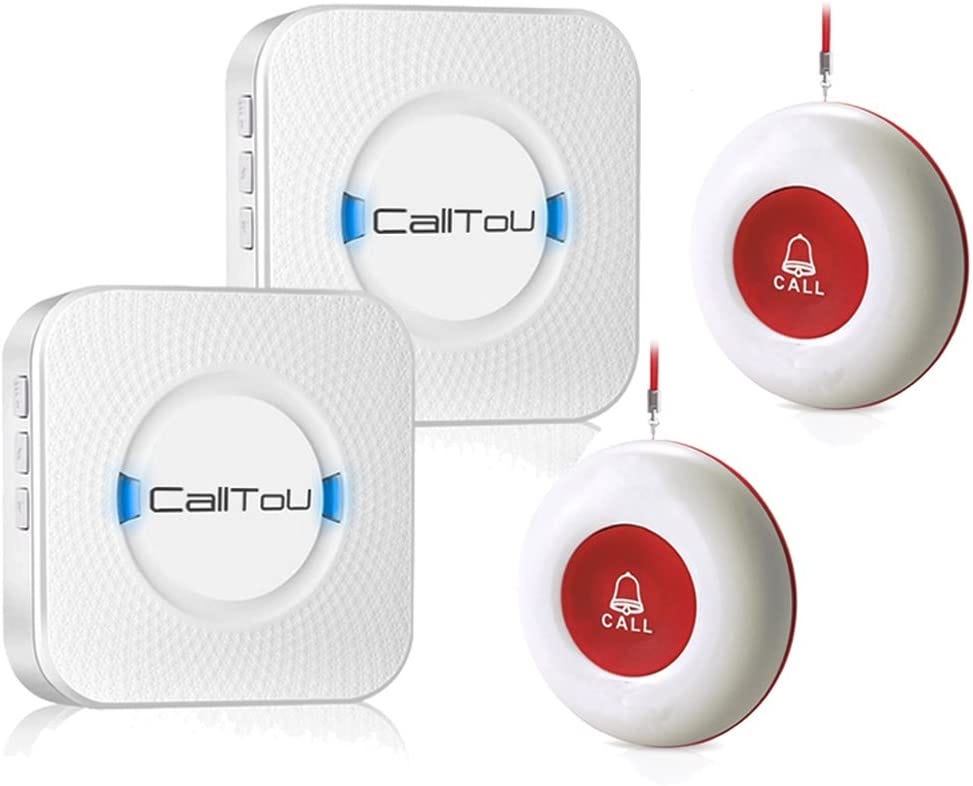 CallTou pager system with two bases and two buttons shown. Bases are blue and white, buttons are red with a little bell that says “Call.”