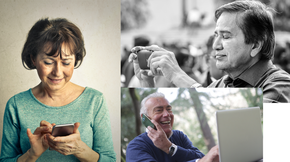 Montage of elderly men and women using smartphones and laptops.
