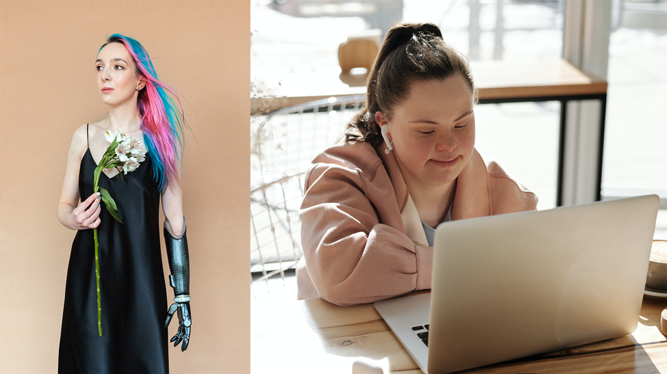 Montage of two diverse women who use web experiences: one with a robotic arm and one with an intellectual disability.