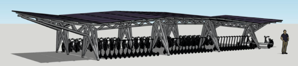 Solar energy canopy for bike share charging station.