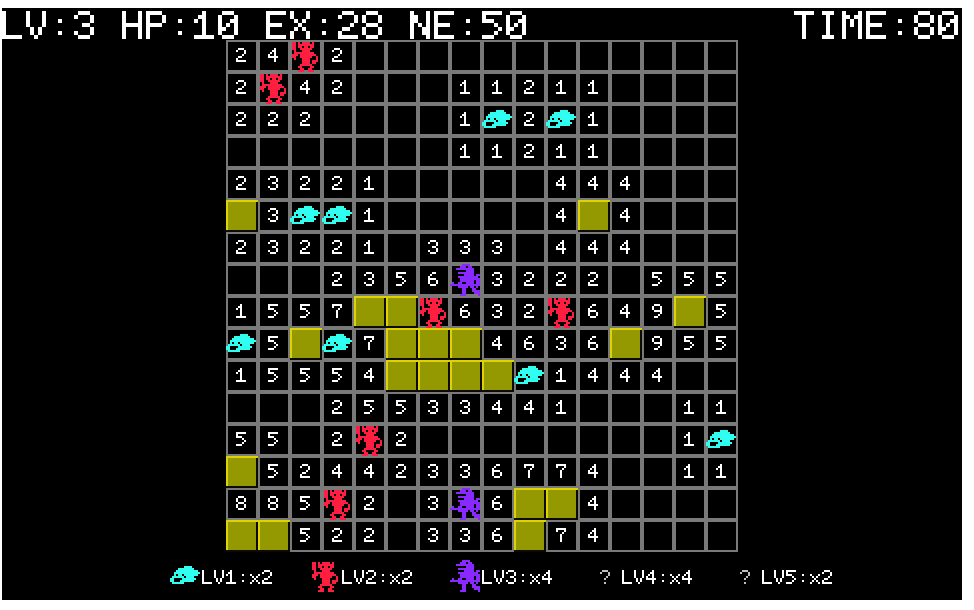 A still from an in-progress game of Mamono Sweeper. There is a grid of numbers around multicolored pixel art monsters.