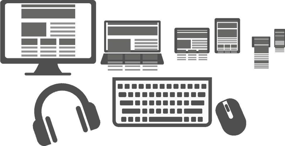 various technology devices including monitors, laptops, tablets, keyboards, a mouse, and a headset