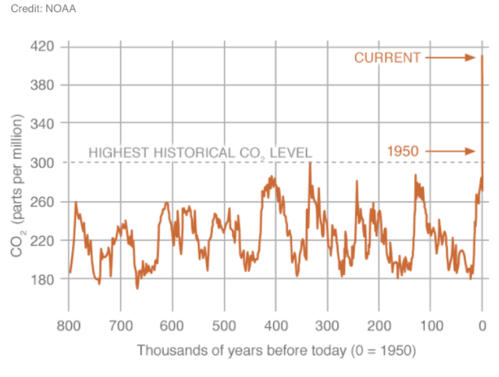 Graph of carbon dioxide in air. shows hockey stick like growth in last 50 years.