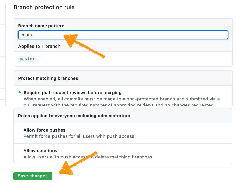 GitHub screenshot showing changing branch protection to apply to a main branch