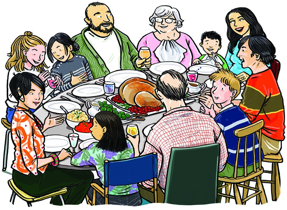 a large group or family sitting around the table with a big roast turkey in the middle by Karen Donnelly