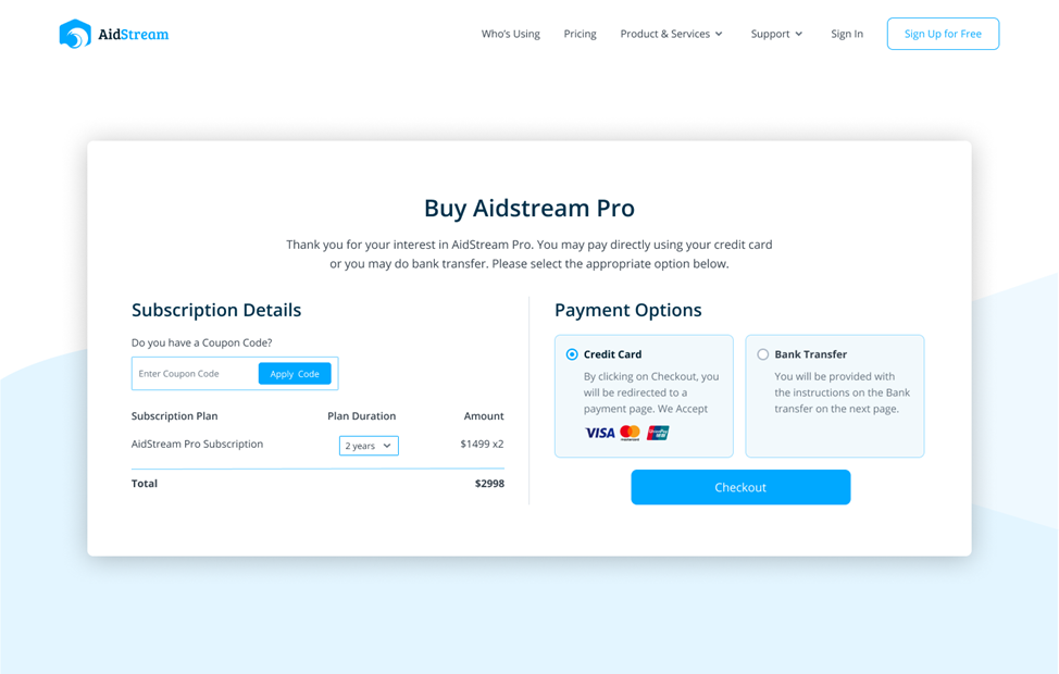 UI design of checkout page for AidStream