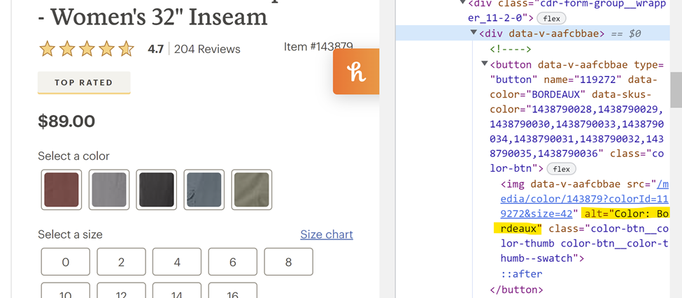 Code inspector of the red color option on REI’s website. The red color option is an img tag surrounded by a ibutton tag. The img has the alt text of “Color: Bordeaux”