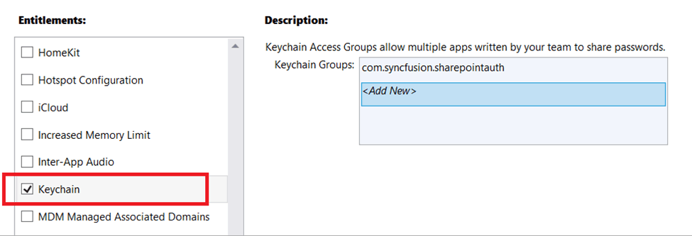 Open the Entitlements.plist file and check the Enable Keychain option