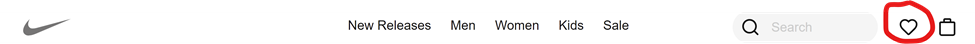 Nike’s main navigation on their website shows their logo, a search area, links to new releases, men, women, kids, and sale, as well as a heart icon and bag icon