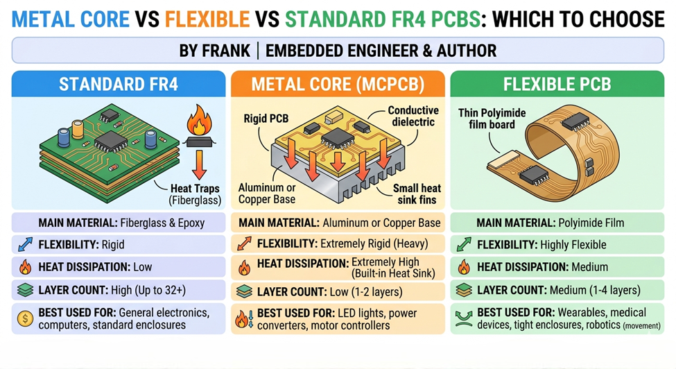 Metal Core vs Flexible vs Standard FR4 PCBs: Which to Choose