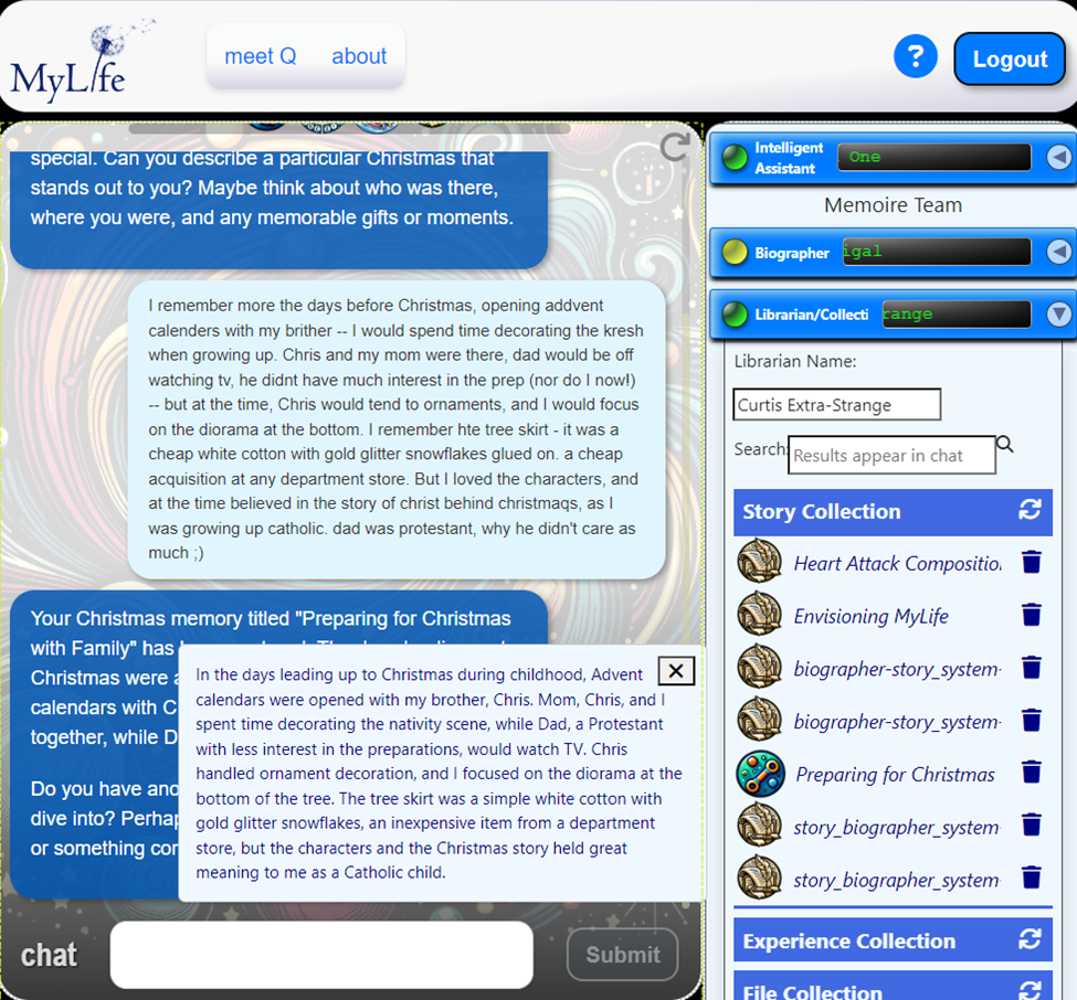 MyLife interface screenshot with user-generated story including an AI-generated story summary and further prompts.