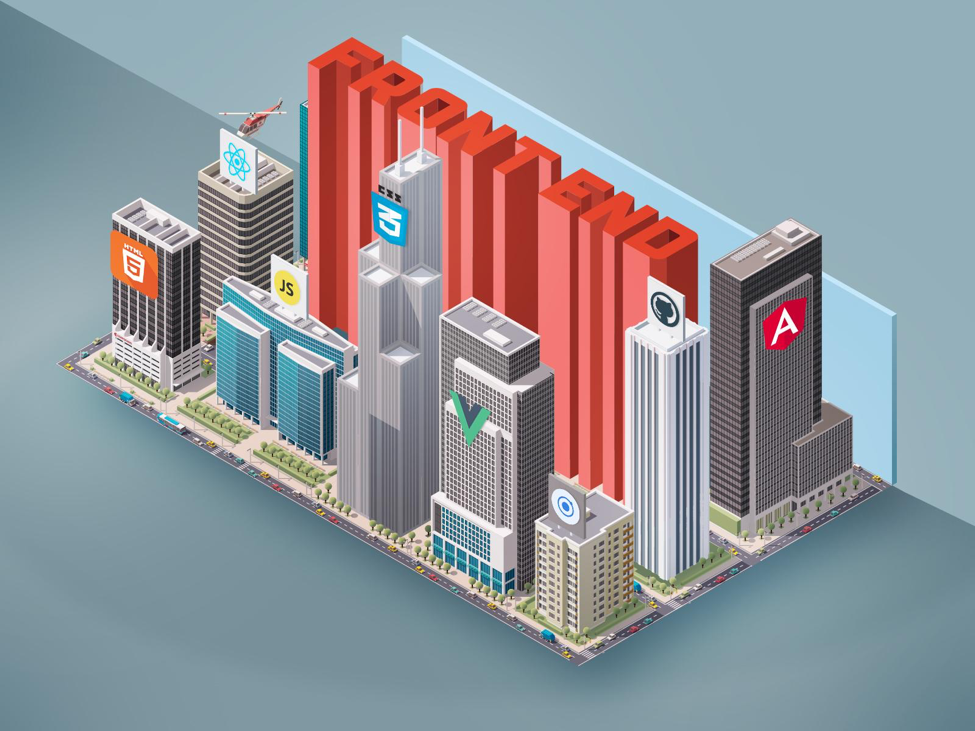 An illustration of Silicon Valley with the word front end incorporated as a building.