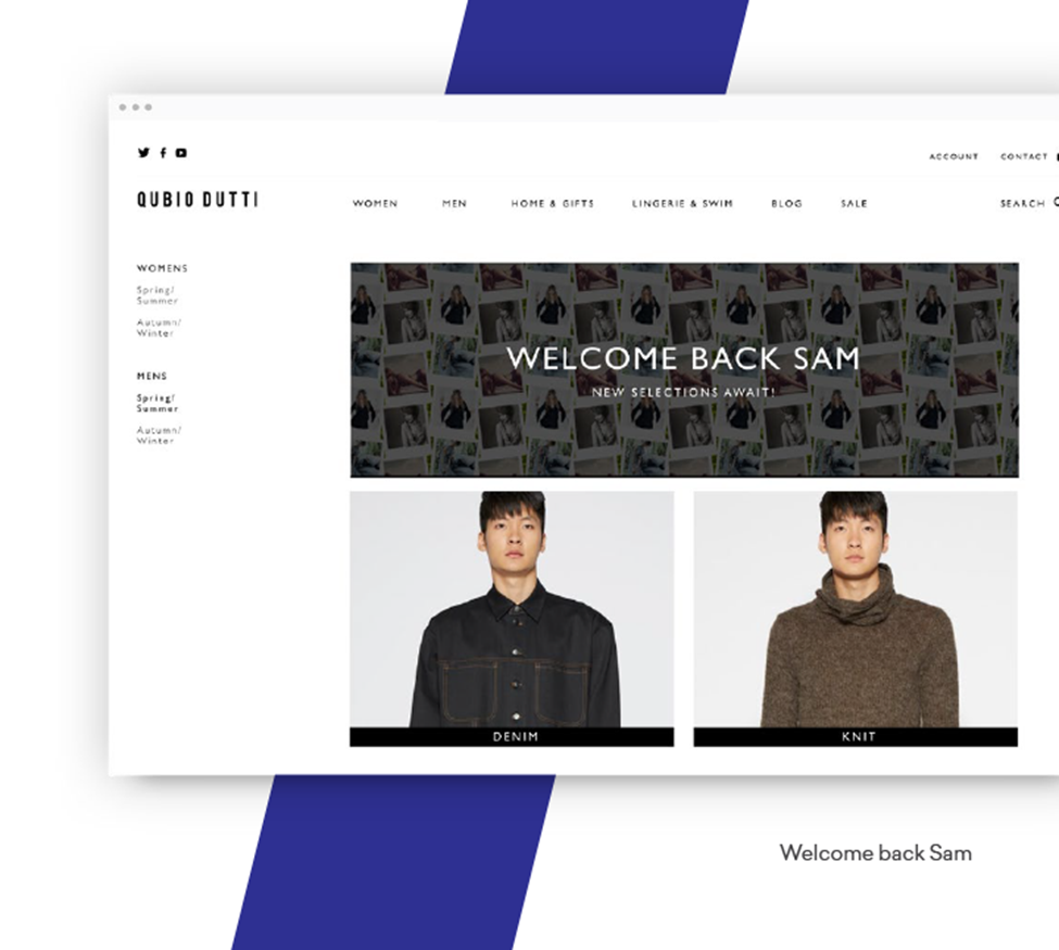 A page on an ecommerce website says, ‘Welcome back, Sam,’ and shows two recommendations, a black denim shirt and a high-necked brown knit sweater