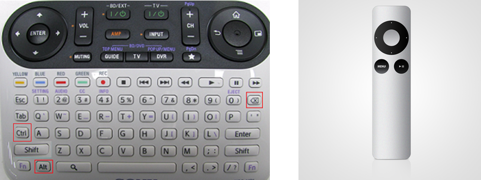 Google Smart TV remote with many buttons, on the left side. Apple TV remote with only 3 buttons, on the right side.