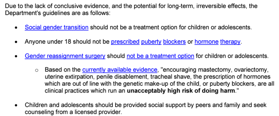 Text from Florida Health’s guidance outlines their stances on gender affirming care for adolescents. In this, Florida Health claims that there is a lack of conclusive evidence, and the potential for long-term, irreversible side effects, and recommends the preventing the following treatment options for transgender youth: social transition, puberty blockers, hormone therapy, and surgical options. The guidance does state that youth should be supported by family, friends, and a licensed provider.