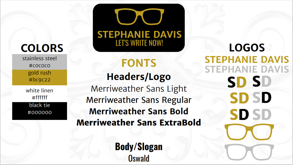 A style guide with logos, colors, and fonts represented