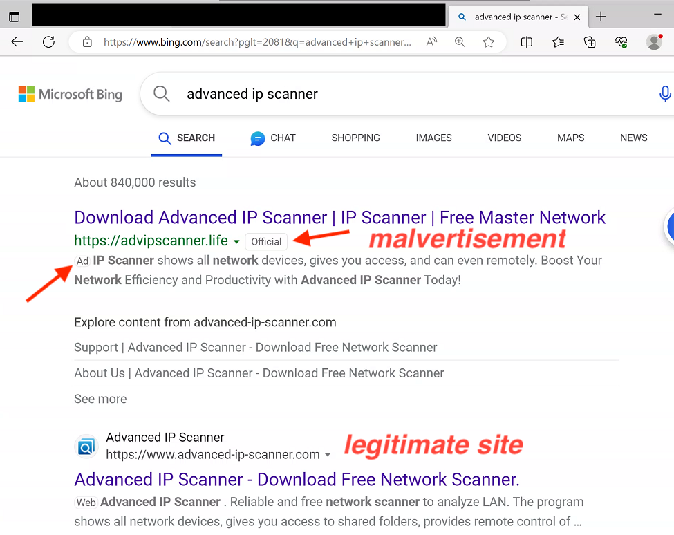 A screenshot of a Bing internet search for “advanced ip scanner” showing a malvertisement from “advipscanner\.life” over the known legitimate site “advanced-ip-scanner.com”