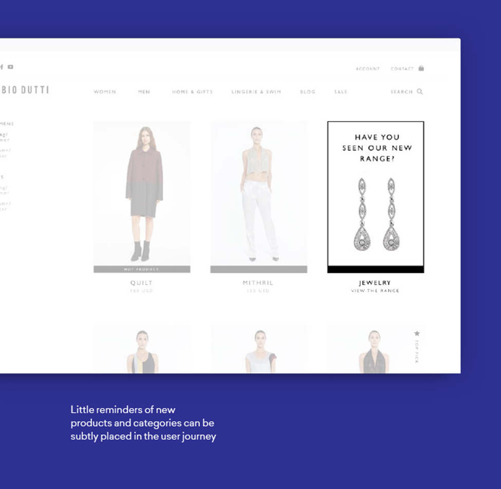 An image of a page on an ecommerce website with the words, “Little reminders of new products and categories can be subtly placed in the user journey.”