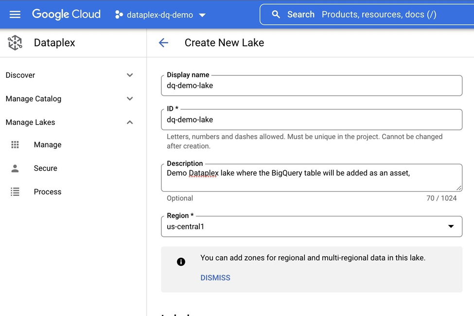 Create a new Dataplex lake