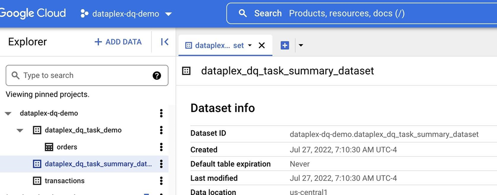 DQ task summary BigQuery dataset