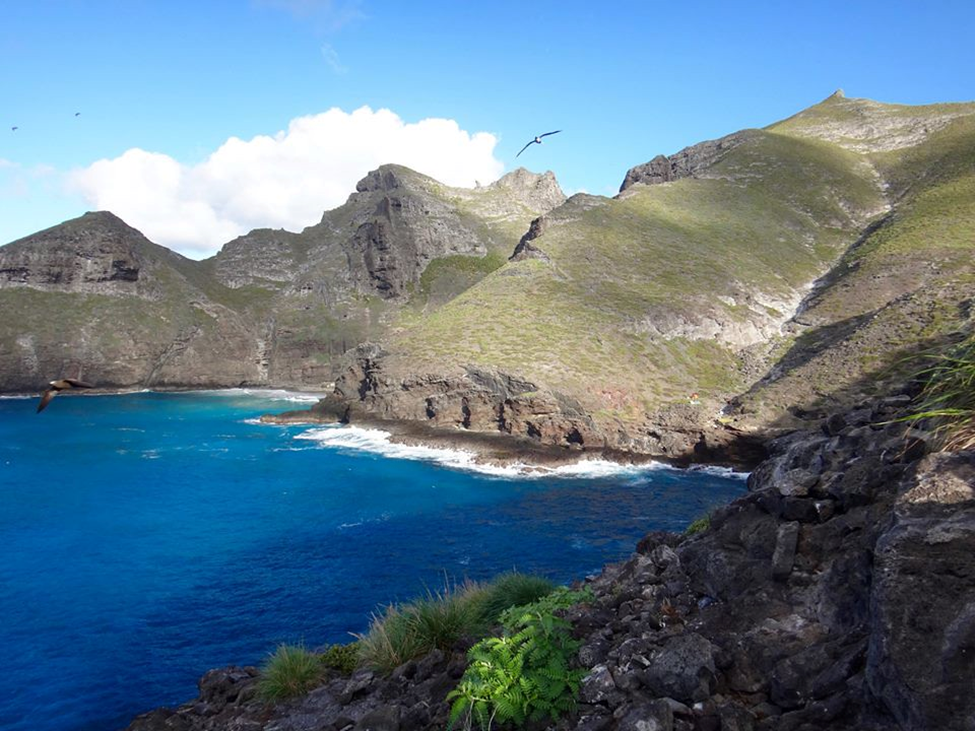 Landscape photo showing the island of Nihoa and blue ocean.