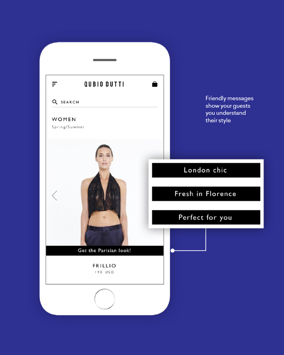 An image of a shopping app on a mobile phone with a female model wearing a high-fashion halter top