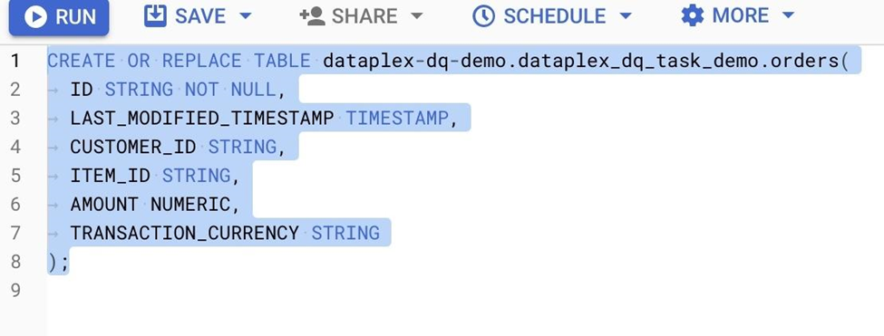 Create a new BigQuery table orders