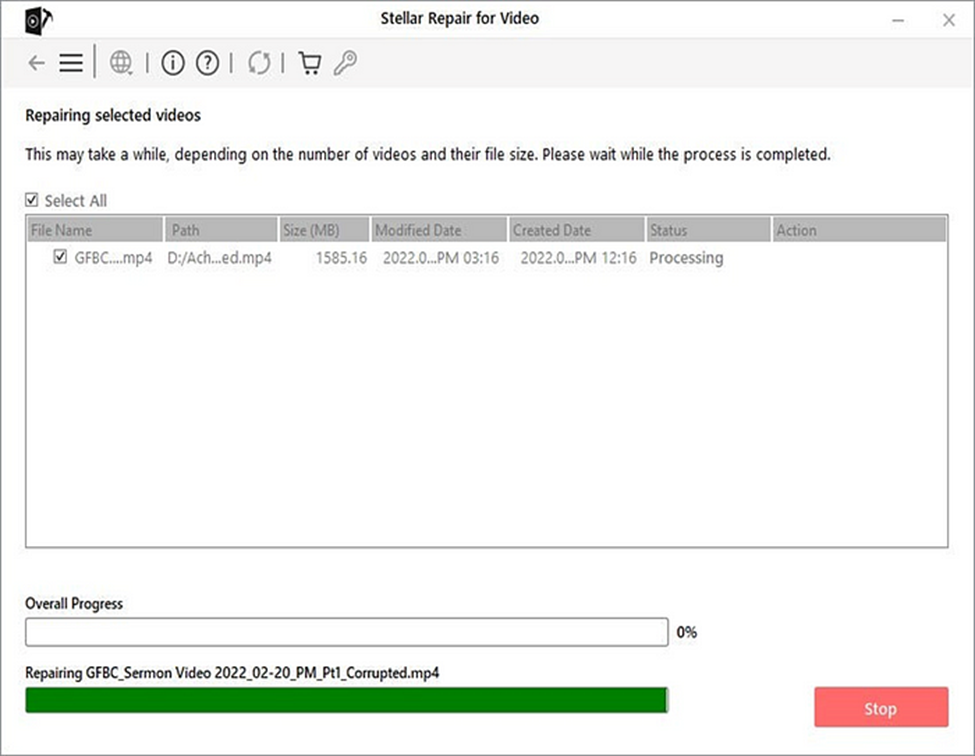 Stellar Repair for Video- Video Repair process starts.