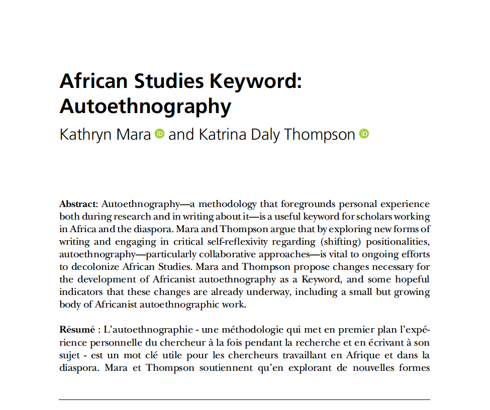 Screenshot of the first page (title and abstract) of “Autoethnography” by Mara and Thompson (2022)