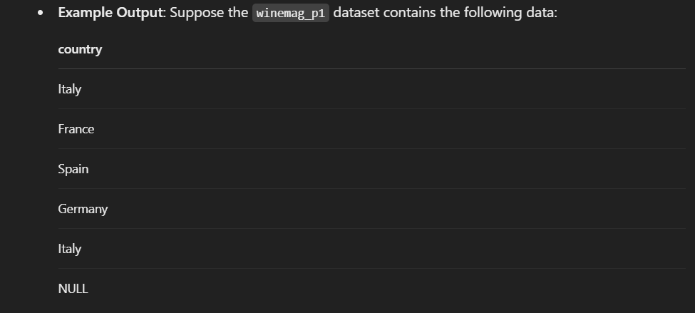 — 1 Find countries that are in winemag_p1 dataset but not in winemag_p2.