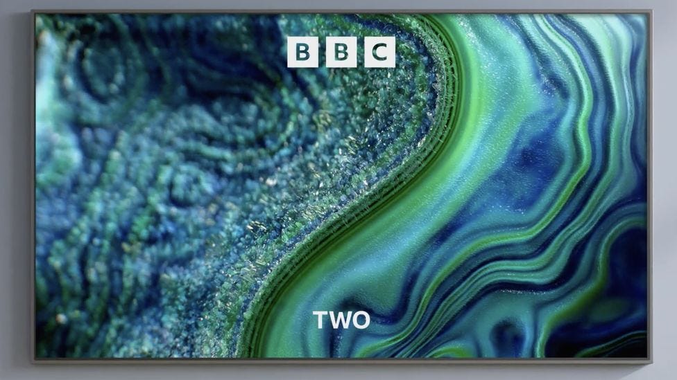 A still from a BBC Two ident with the colour balanced towards the channel’s teal colouring
