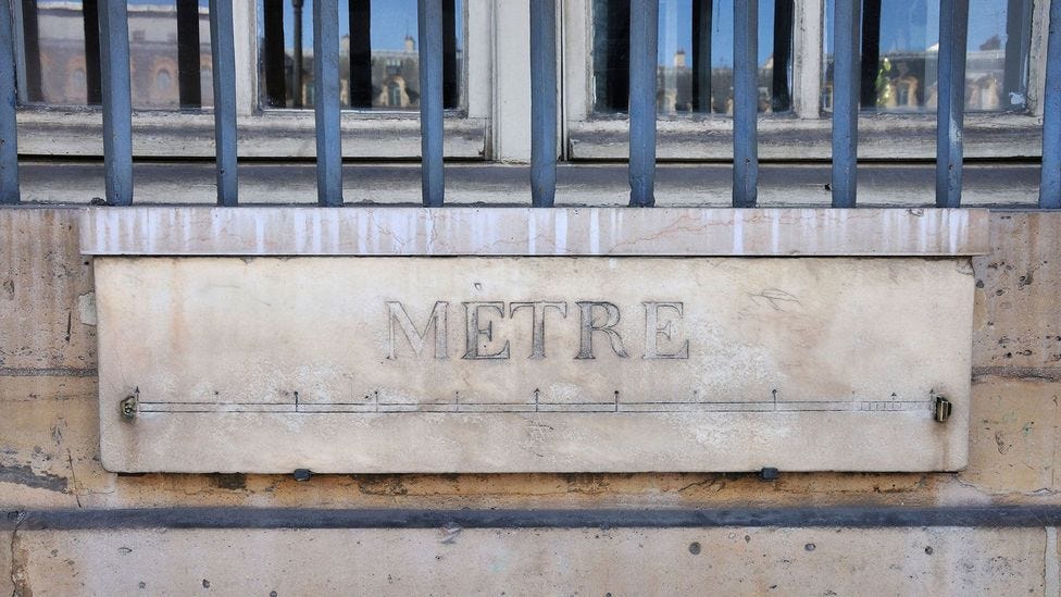 A measurement point in marble on the side of a building in paris, with two metal blocks one meter apart, engraving with 10 decimals between and the word “METRE” carved on top in Didone