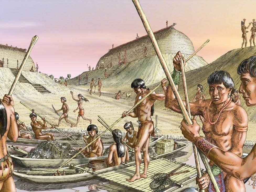 A depiction of a Native American tribe living their daily lives.