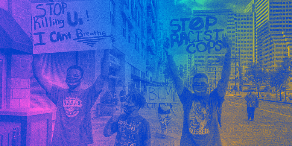 Psychedelic, blue, pink and gold coloring of an image of three young, Black protesters holding signs that read, “Stop Killing Us! I Can’t Breathe,” and “Stop Racist Cops,” surrounded by high rise buildings and a few other protestors in the distance—one holding a sign that reads “BLM.”