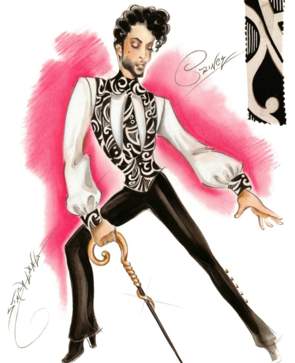 Prince clothing concept sketch by Stacia Lang. The look would later end up in the “Cream” video.